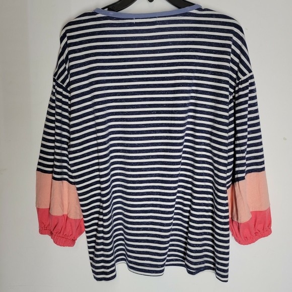 Mododoc Los Angeles Blue & White Striped Boho Color Block Sleeve Top Sz Large - Picture 3 of 8